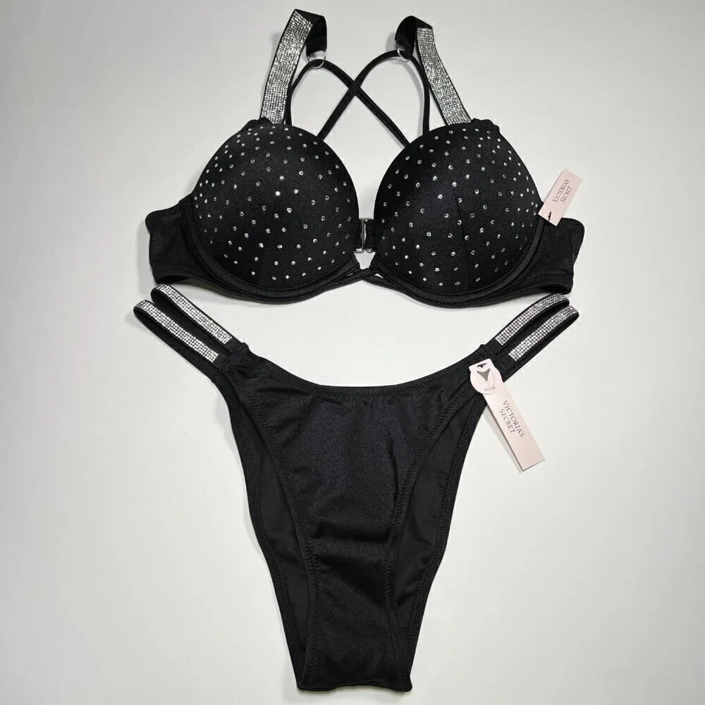 Victoria Secret 34A S Bombshell Push Up Bikini Top Set Glam Shine Strap Black